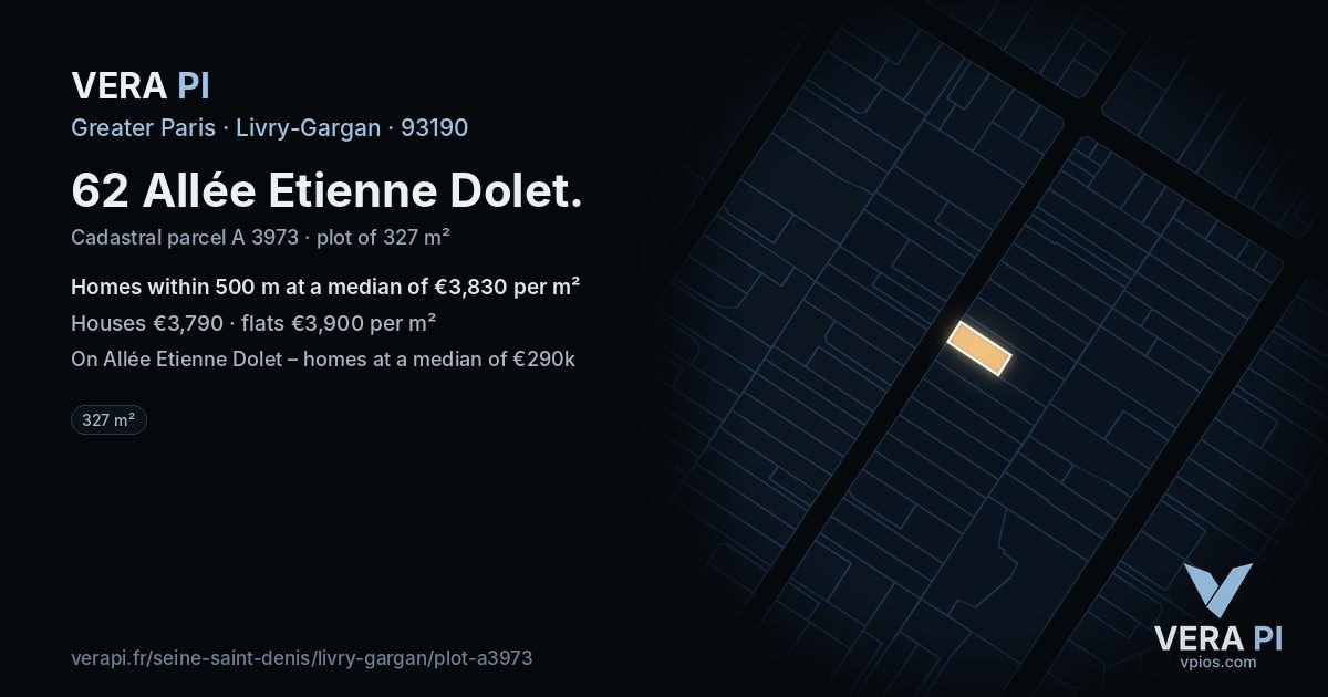 62 Allée Etienne Dolet, Livry-Gargan at night – the plot lit, the parcels around coloured by the prices near them