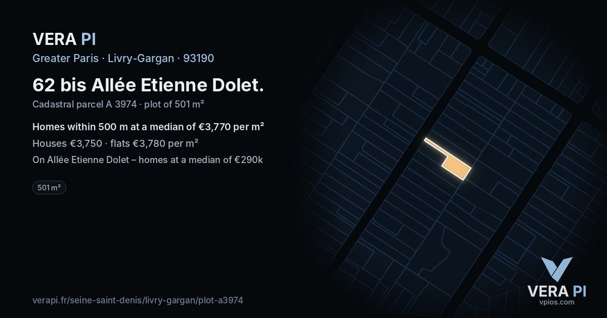 62 bis Allée Etienne Dolet, Livry-Gargan at night – the plot lit, the parcels around coloured by the prices near them