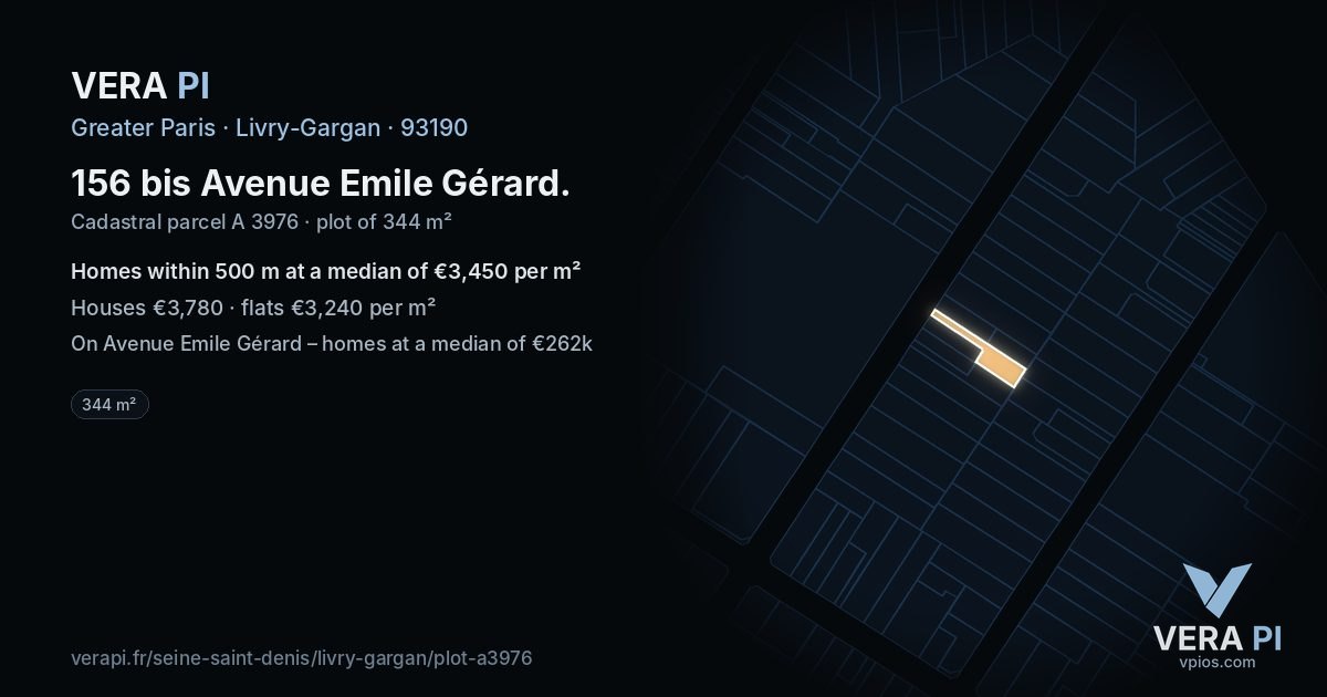 156 bis Avenue Emile Gérard, Livry-Gargan at night – the plot lit, the parcels around coloured by the prices near them