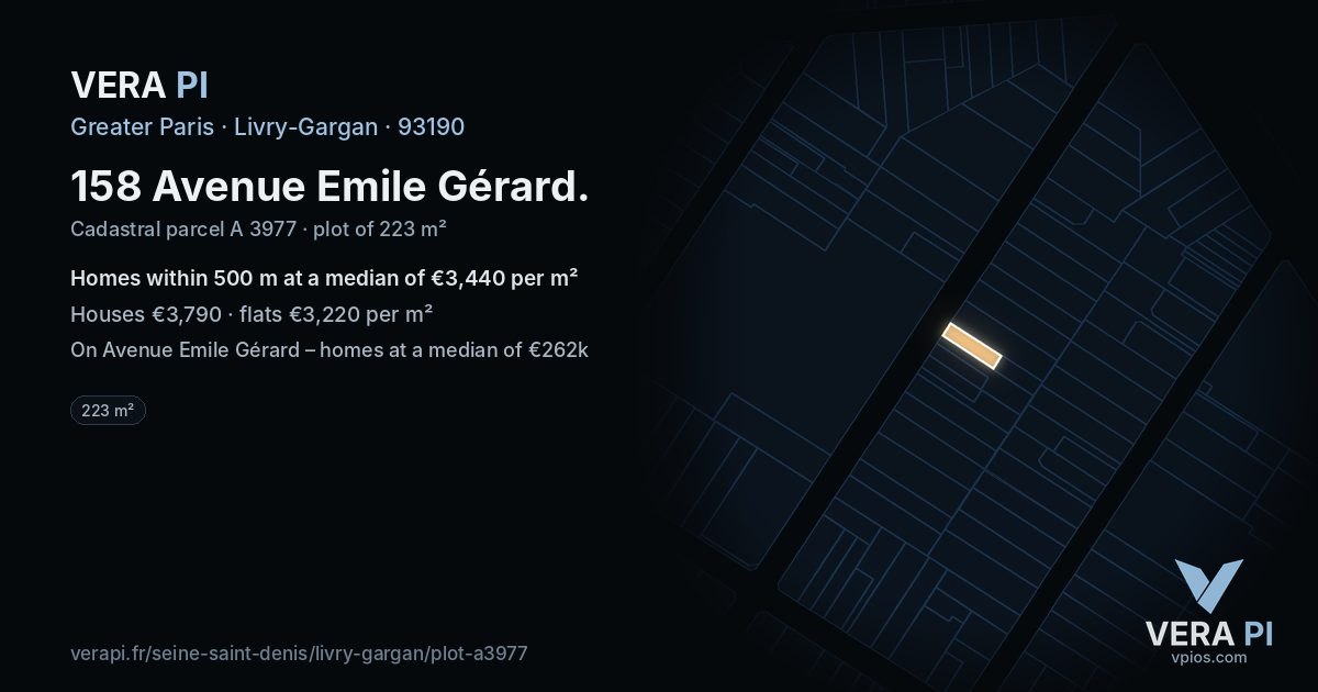 158 Avenue Emile Gérard, Livry-Gargan at night – the plot lit, the parcels around coloured by the prices near them