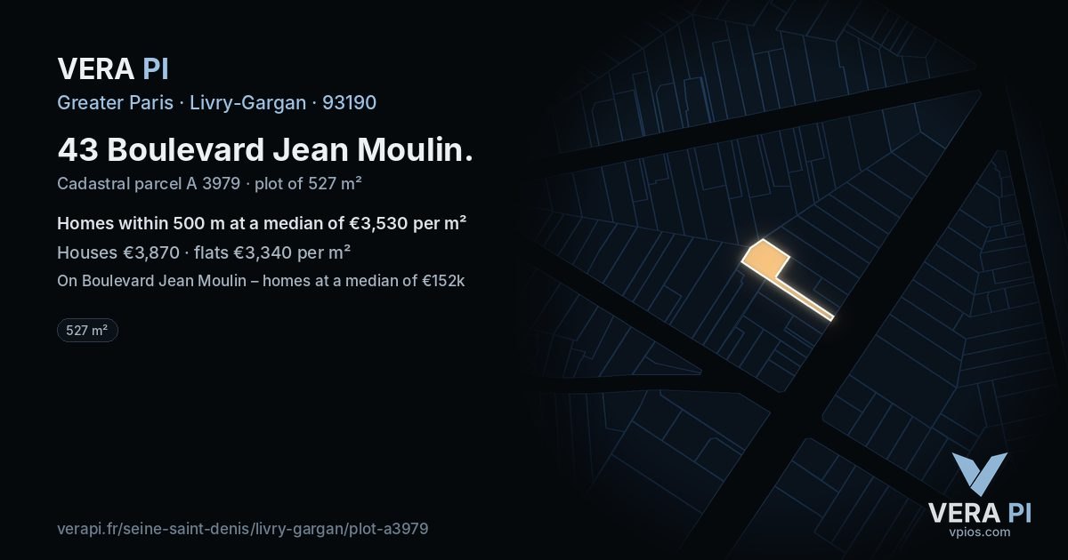 43 Boulevard Jean Moulin, Livry-Gargan at night – the plot lit, the parcels around coloured by the prices near them