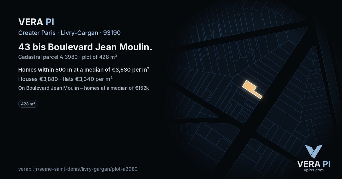 43 bis Boulevard Jean Moulin, Livry-Gargan at night – the plot lit, the parcels around coloured by the prices near them