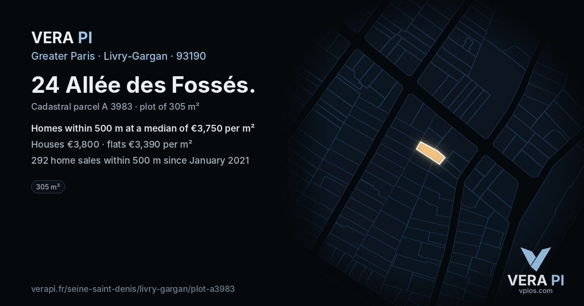 24 Allée des Fossés, Livry-Gargan at night – the plot lit, the parcels around coloured by the prices near them