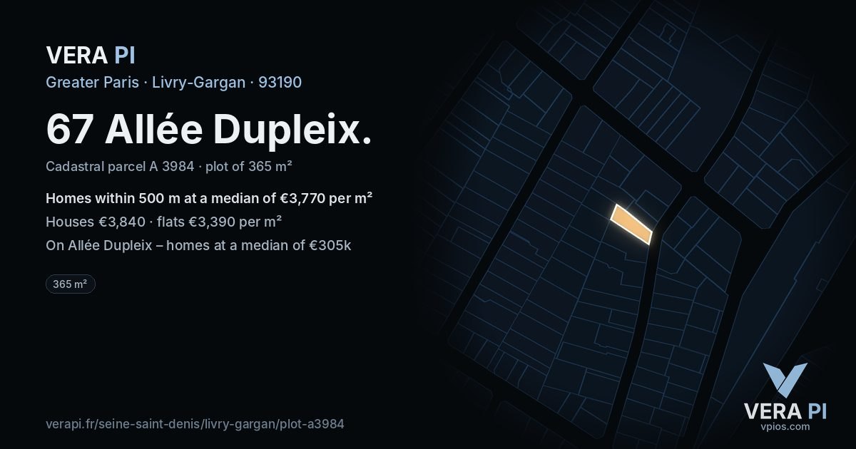 67 Allée Dupleix, Livry-Gargan at night – the plot lit, the parcels around coloured by the prices near them