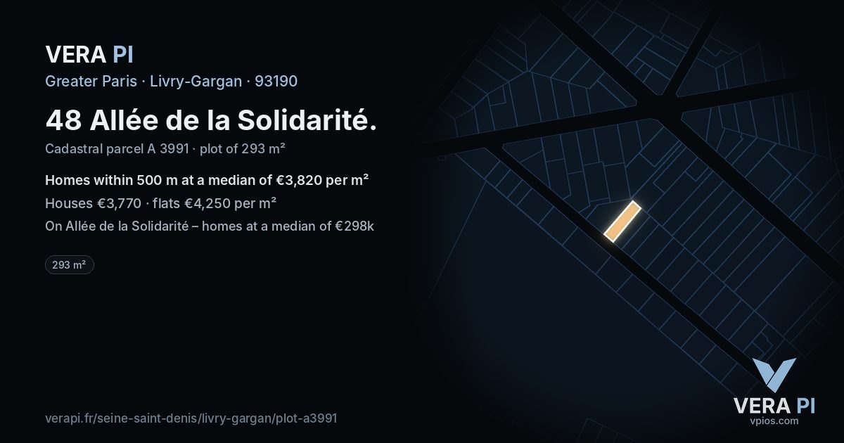 48 Allée de la Solidarité, Livry-Gargan at night – the plot lit, the parcels around coloured by the prices near them
