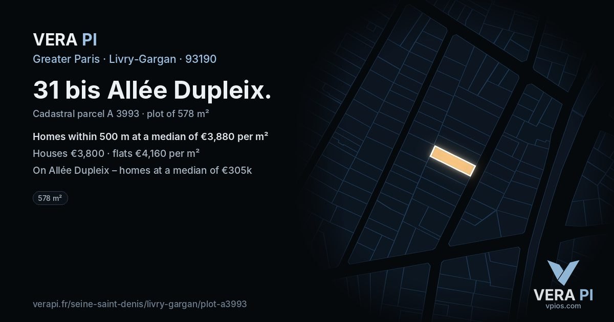 31 bis Allée Dupleix, Livry-Gargan at night – the plot lit, the parcels around coloured by the prices near them