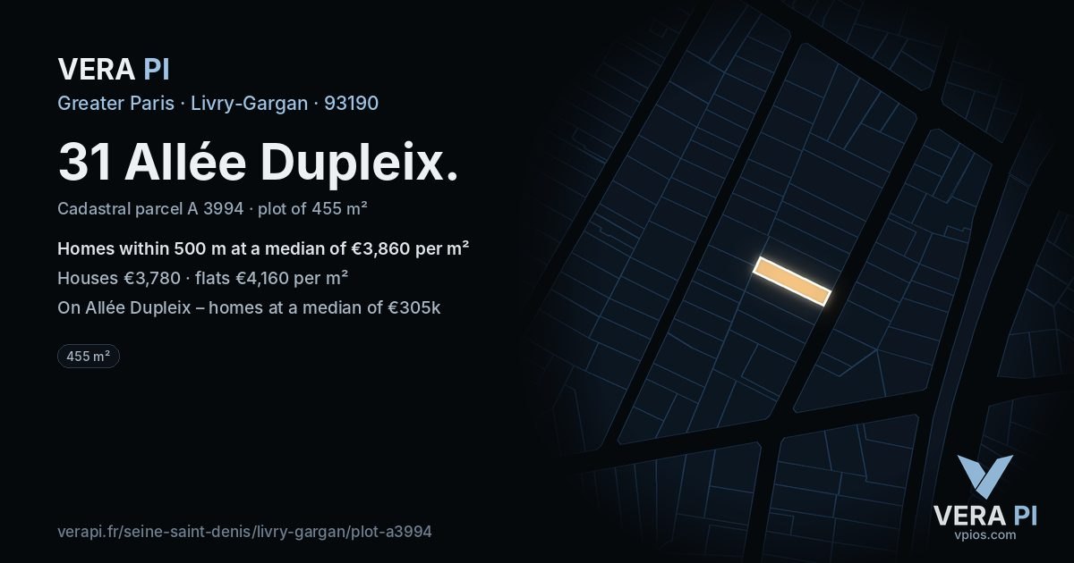 31 Allée Dupleix, Livry-Gargan at night – the plot lit, the parcels around coloured by the prices near them