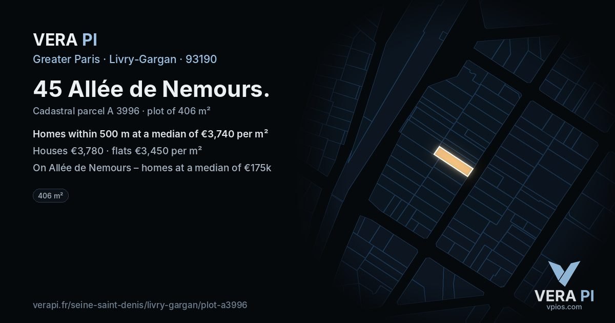 45 Allée de Nemours, Livry-Gargan at night – the plot lit, the parcels around coloured by the prices near them