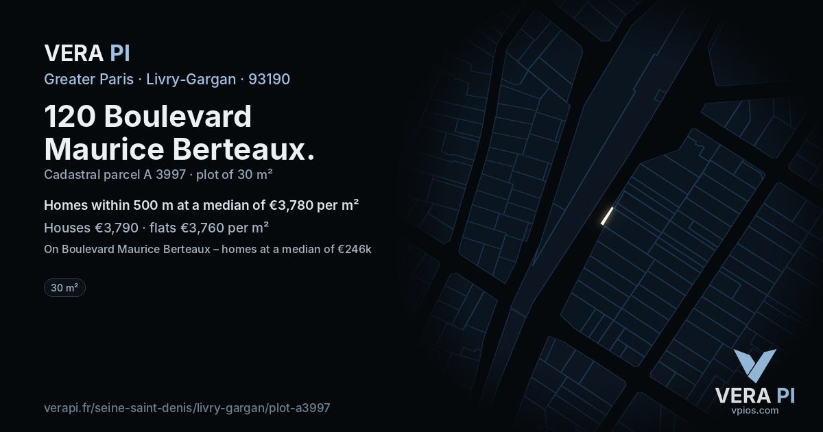 120 Boulevard Maurice Berteaux, Livry-Gargan at night – the plot lit, the parcels around coloured by the prices near them