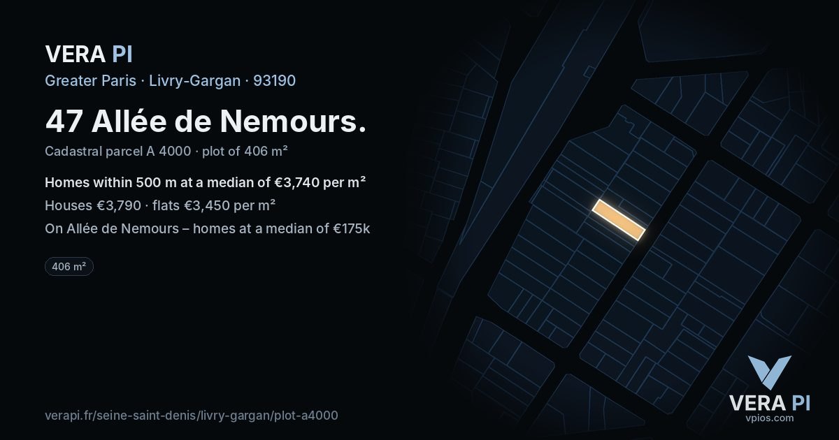 47 Allée de Nemours, Livry-Gargan at night – the plot lit, the parcels around coloured by the prices near them