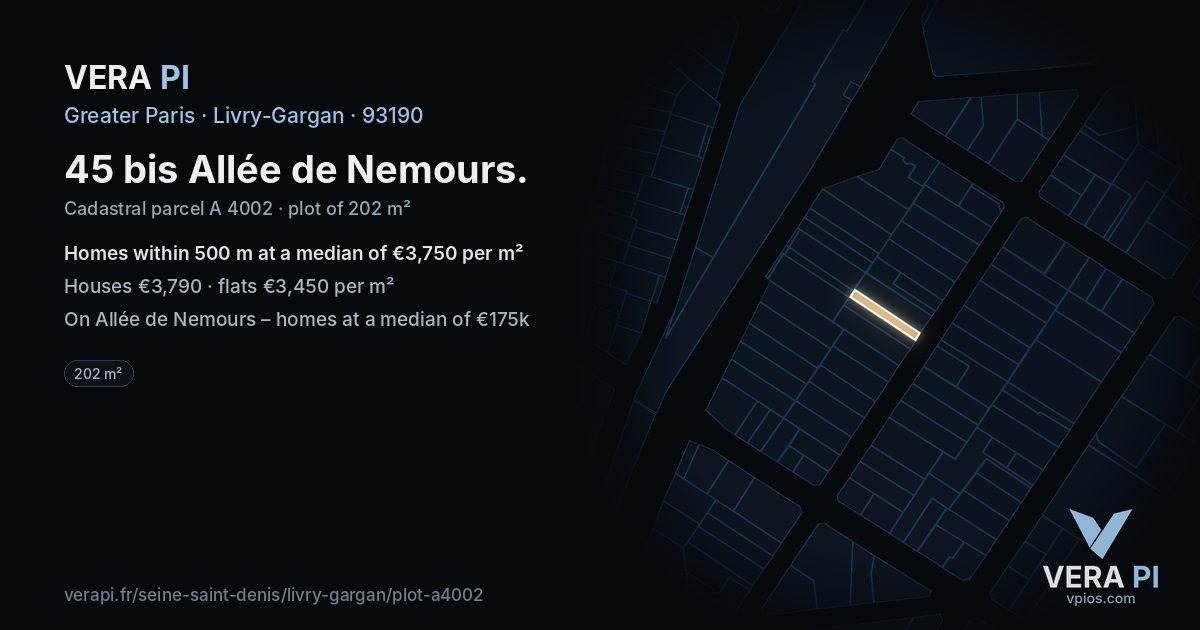 45 bis Allée de Nemours, Livry-Gargan at night – the plot lit, the parcels around coloured by the prices near them