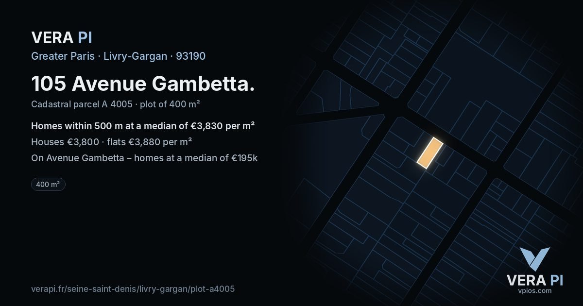 105 Avenue Gambetta, Livry-Gargan at night – the plot lit, the parcels around coloured by the prices near them