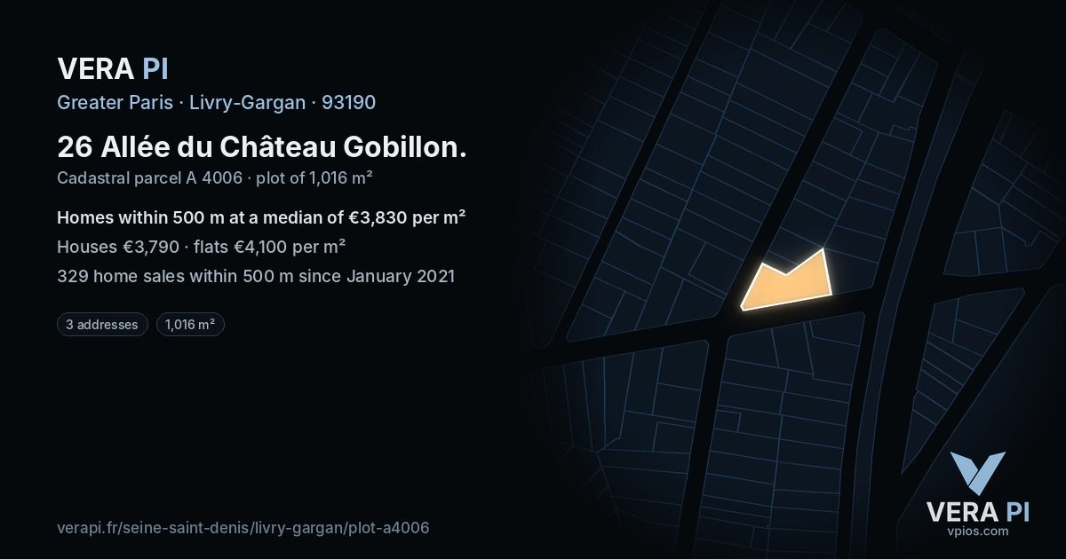 26 Allée du Château Gobillon, Livry-Gargan at night – the plot lit, the parcels around coloured by the prices near them