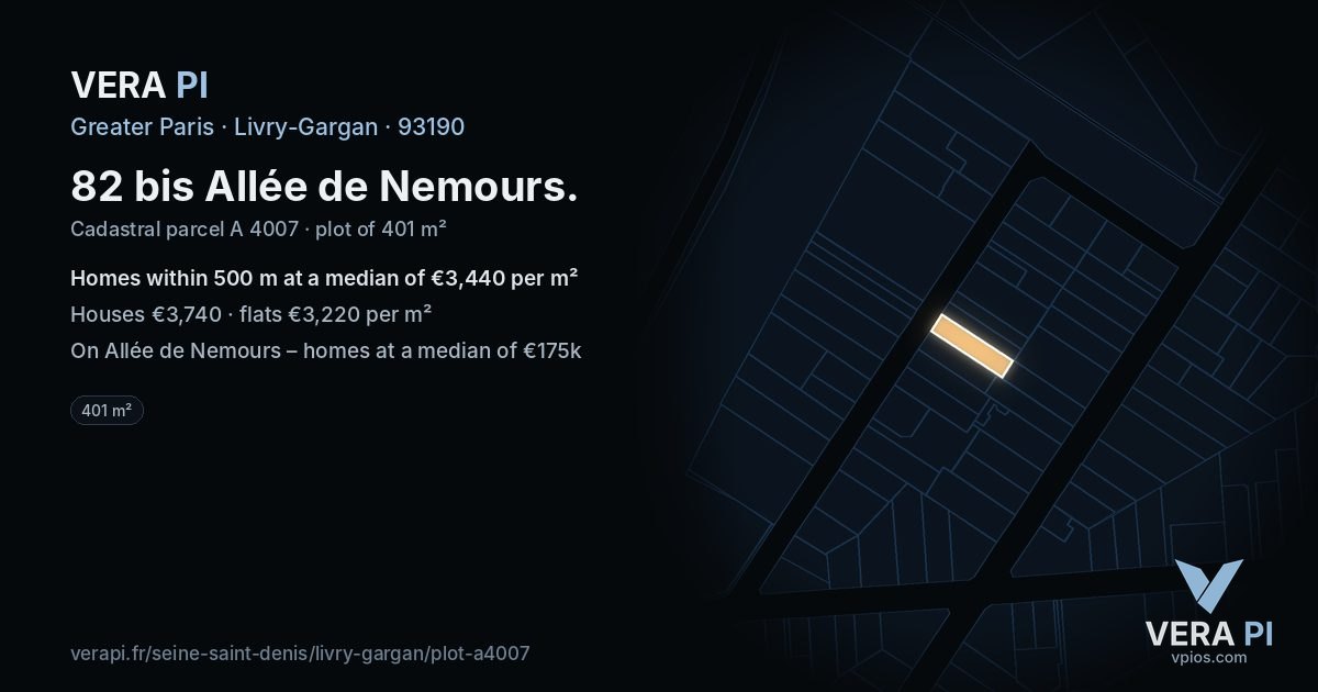 82 bis Allée de Nemours, Livry-Gargan at night – the plot lit, the parcels around coloured by the prices near them