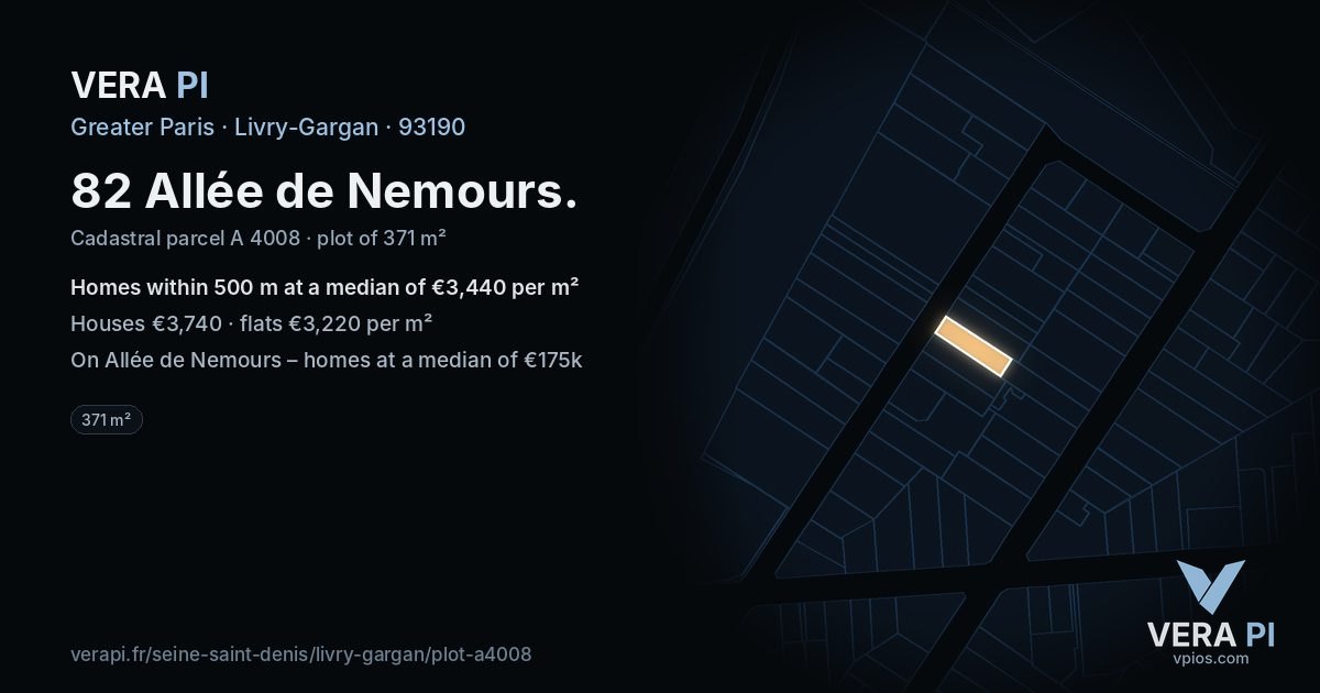 82 Allée de Nemours, Livry-Gargan at night – the plot lit, the parcels around coloured by the prices near them