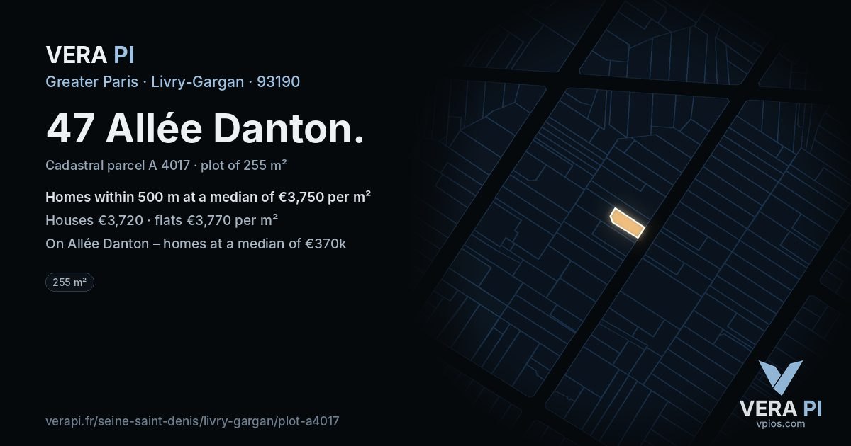47 Allée Danton, Livry-Gargan at night – the plot lit, the parcels around coloured by the prices near them