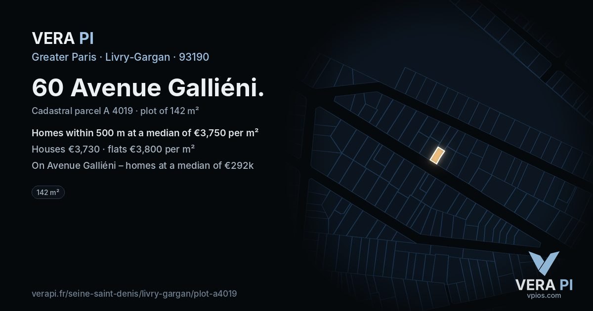 60 Avenue Galliéni, Livry-Gargan at night – the plot lit, the parcels around coloured by the prices near them