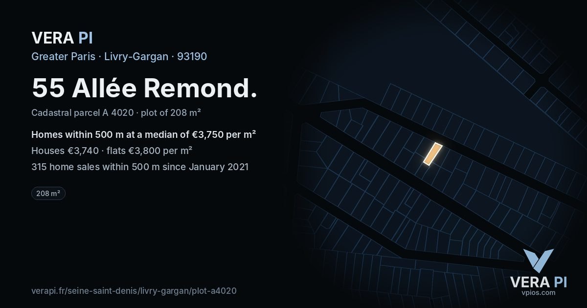 55 Allée Remond, Livry-Gargan at night – the plot lit, the parcels around coloured by the prices near them