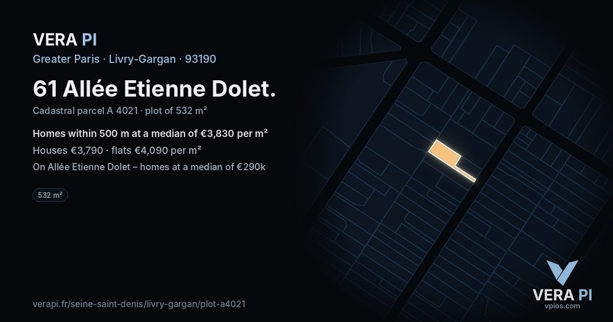 61 Allée Etienne Dolet, Livry-Gargan at night – the plot lit, the parcels around coloured by the prices near them