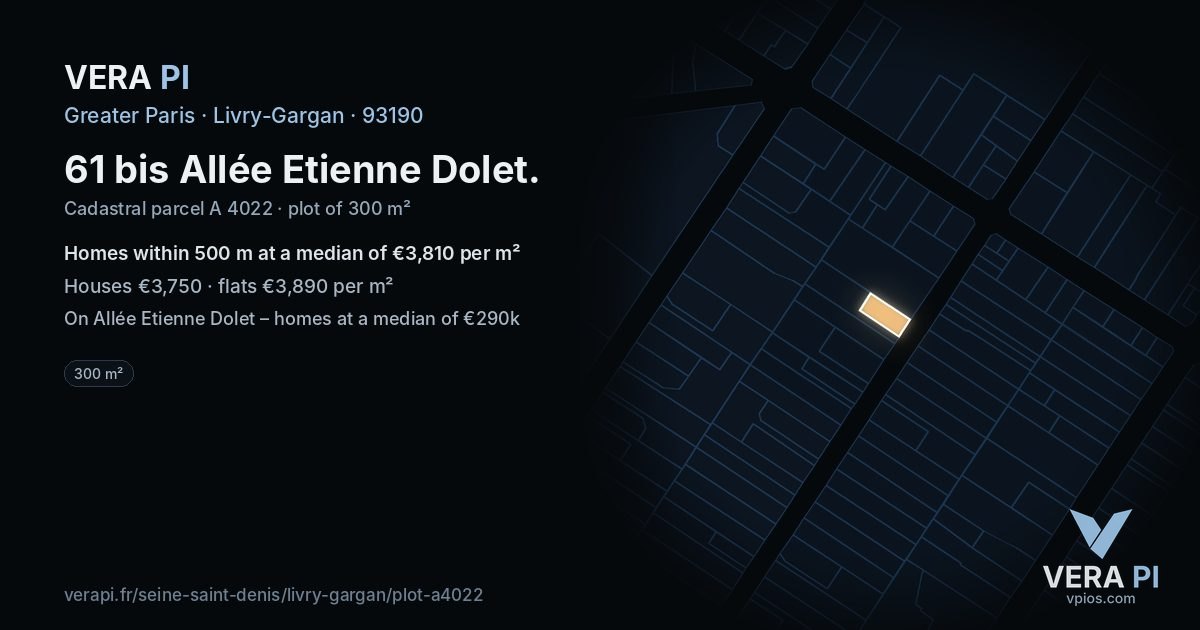 61 bis Allée Etienne Dolet, Livry-Gargan at night – the plot lit, the parcels around coloured by the prices near them