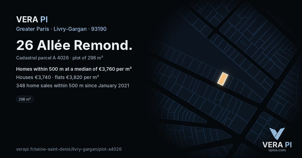 26 Allée Remond, Livry-Gargan at night – the plot lit, the parcels around coloured by the prices near them