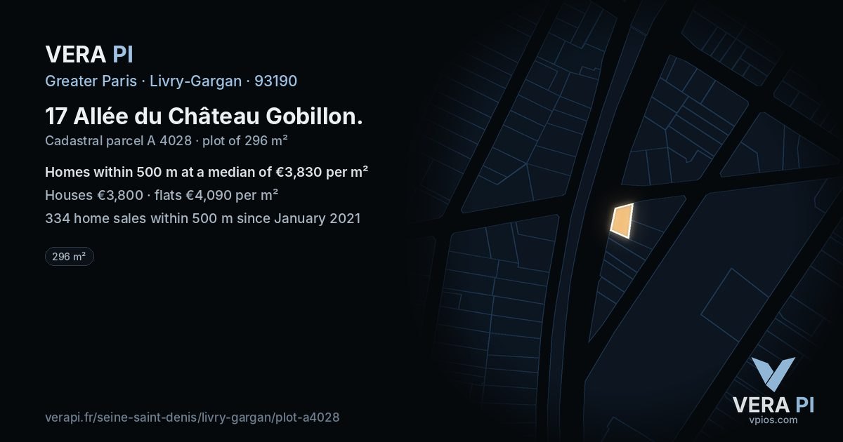 17 Allée du Château Gobillon, Livry-Gargan at night – the plot lit, the parcels around coloured by the prices near them