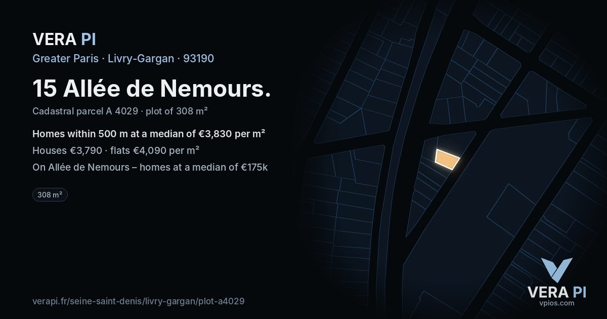 15 Allée de Nemours, Livry-Gargan at night – the plot lit, the parcels around coloured by the prices near them
