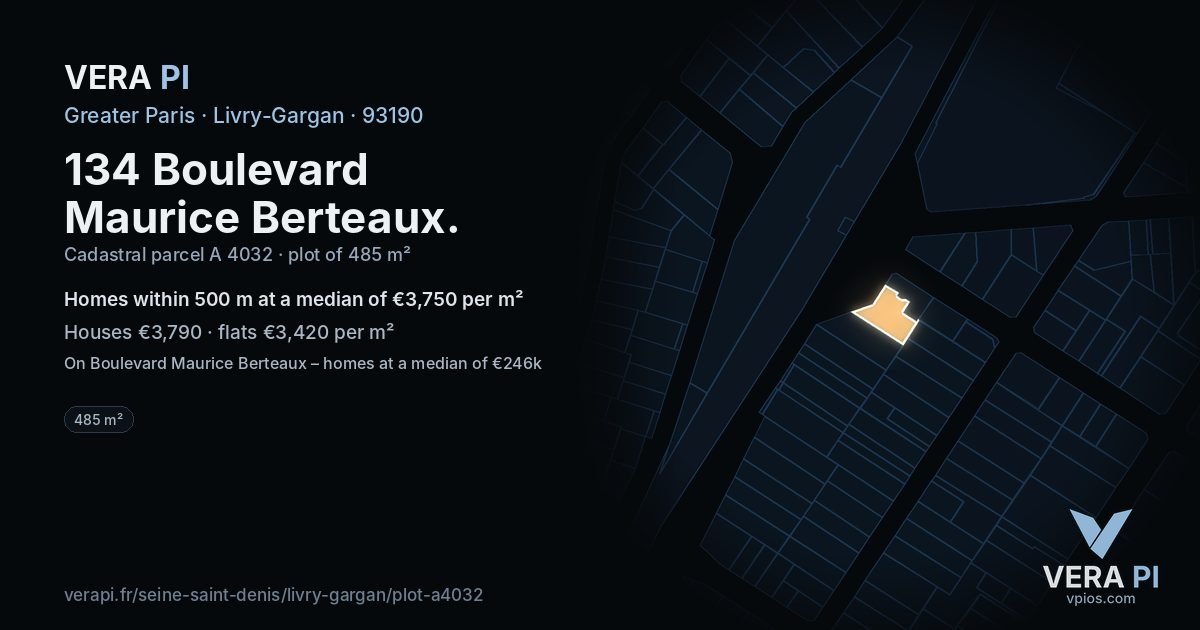 134 Boulevard Maurice Berteaux, Livry-Gargan at night – the plot lit, the parcels around coloured by the prices near them