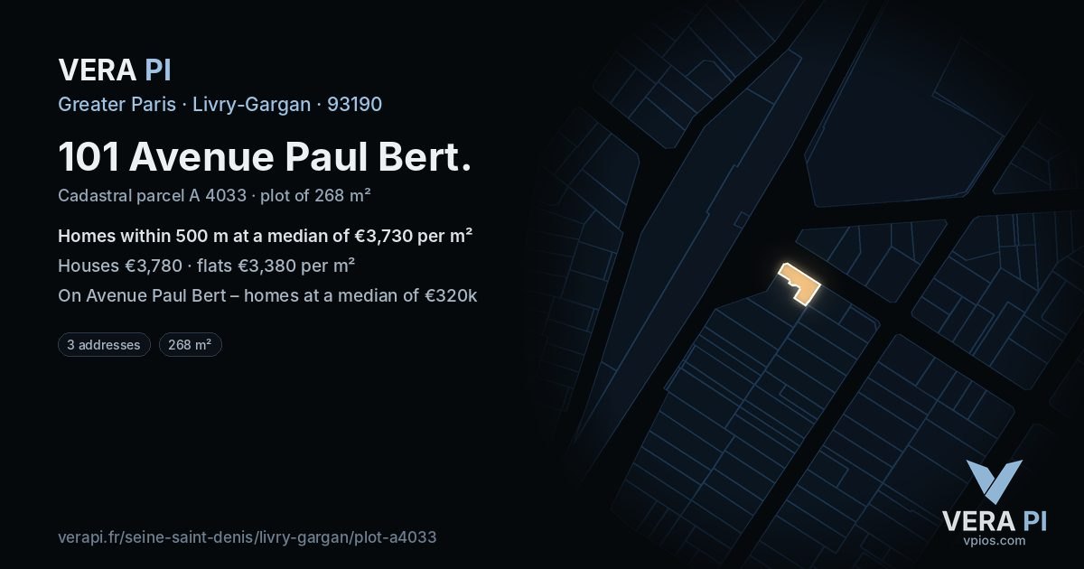 101 Avenue Paul Bert, Livry-Gargan at night – the plot lit, the parcels around coloured by the prices near them