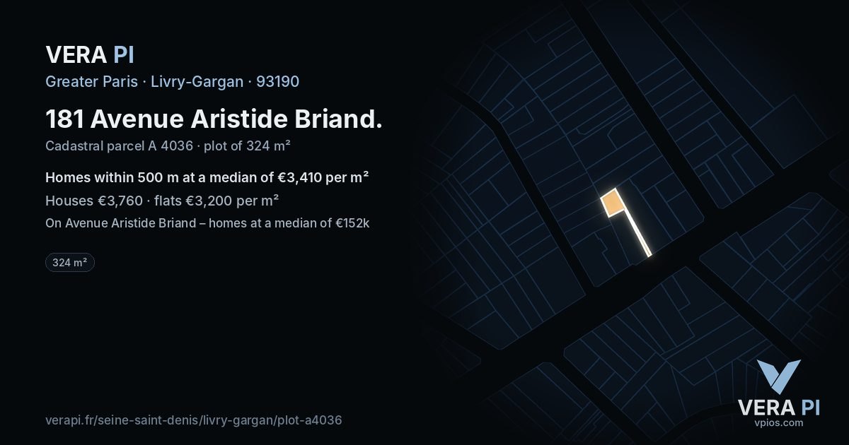 181 Avenue Aristide Briand, Livry-Gargan at night – the plot lit, the parcels around coloured by the prices near them