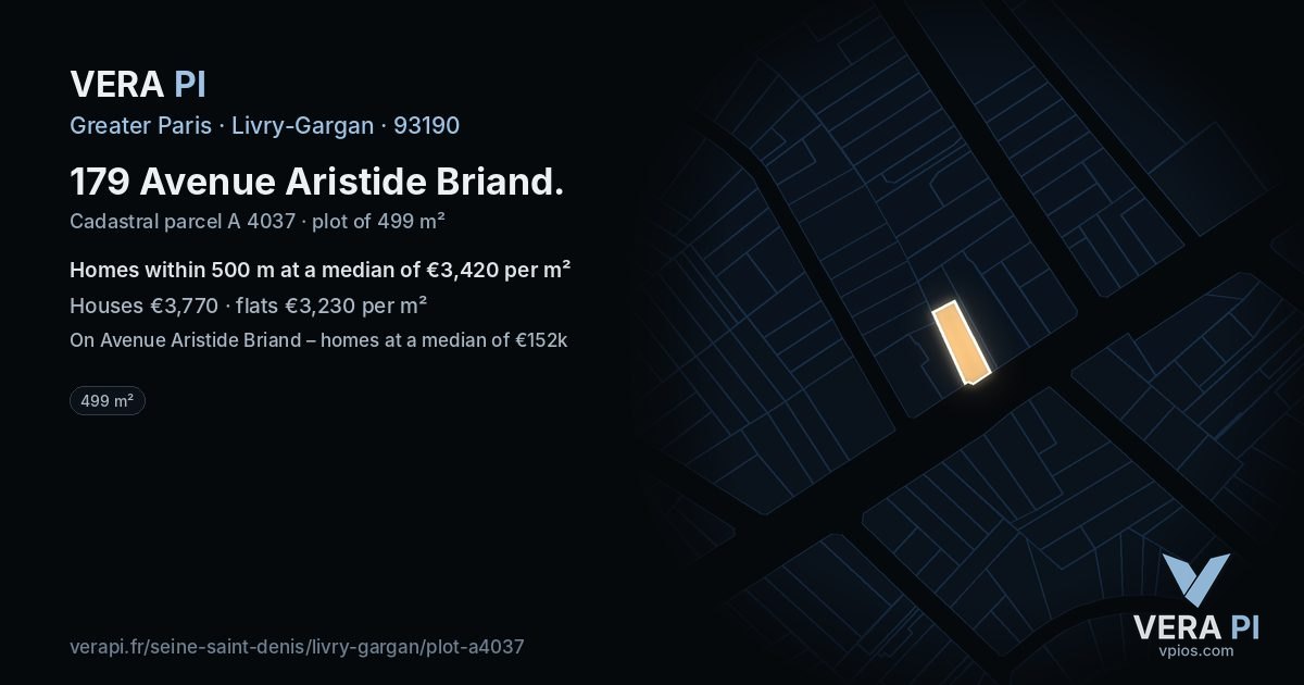 179 Avenue Aristide Briand, Livry-Gargan at night – the plot lit, the parcels around coloured by the prices near them
