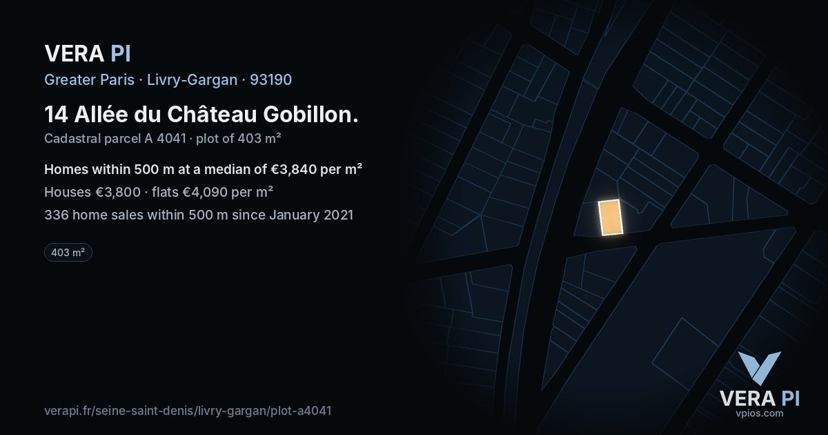 14 Allée du Château Gobillon, Livry-Gargan at night – the plot lit, the parcels around coloured by the prices near them