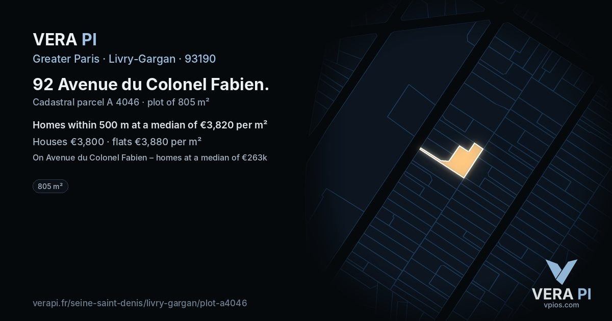 92 Avenue du Colonel Fabien, Livry-Gargan at night – the plot lit, the parcels around coloured by the prices near them