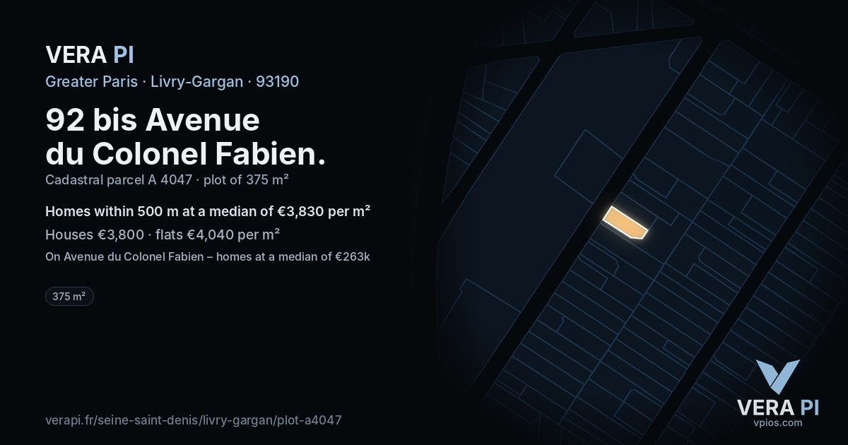92 bis Avenue du Colonel Fabien, Livry-Gargan at night – the plot lit, the parcels around coloured by the prices near them