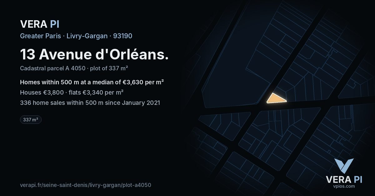 13 Avenue d'Orléans, Livry-Gargan at night – the plot lit, the parcels around coloured by the prices near them
