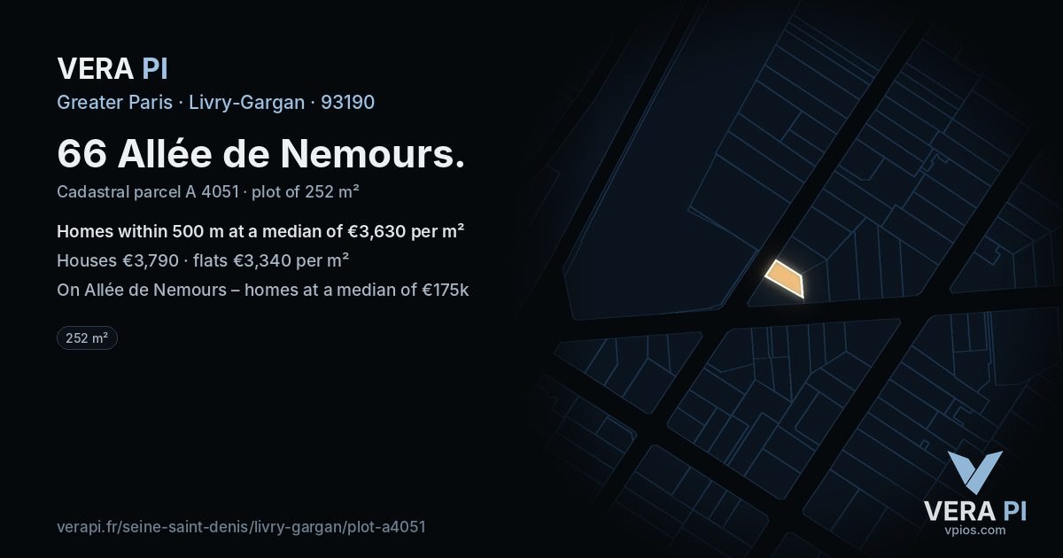66 Allée de Nemours, Livry-Gargan at night – the plot lit, the parcels around coloured by the prices near them