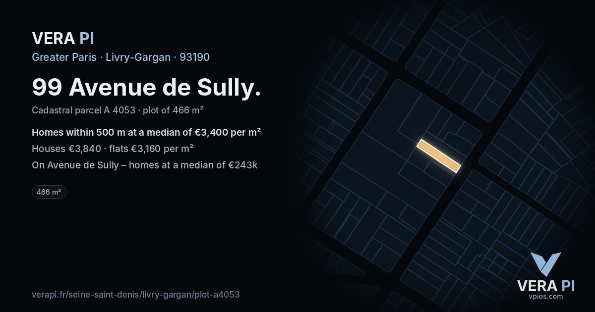 99 Avenue de Sully, Livry-Gargan at night – the plot lit, the parcels around coloured by the prices near them