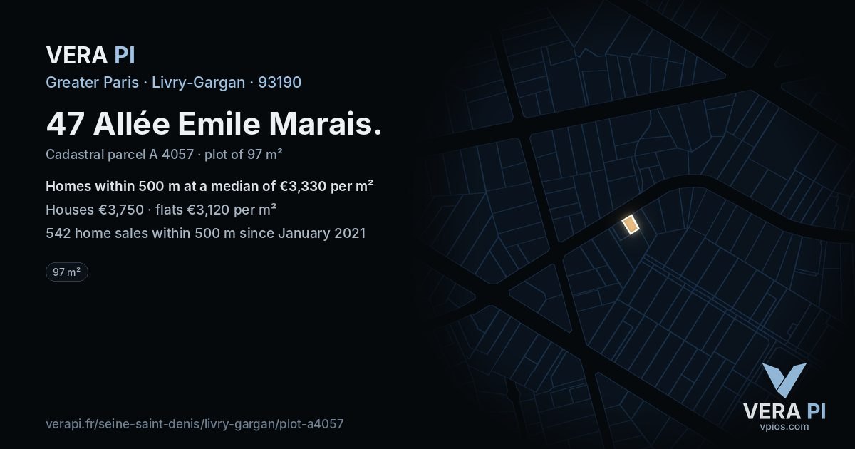 47 Allée Emile Marais, Livry-Gargan at night – the plot lit, the parcels around coloured by the prices near them