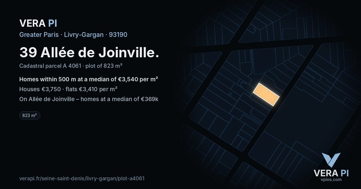 39 Allée de Joinville, Livry-Gargan at night – the plot lit, the parcels around coloured by the prices near them