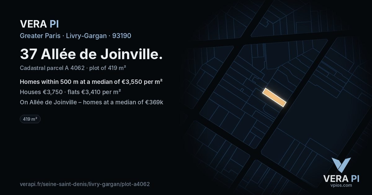 37 Allée de Joinville, Livry-Gargan at night – the plot lit, the parcels around coloured by the prices near them