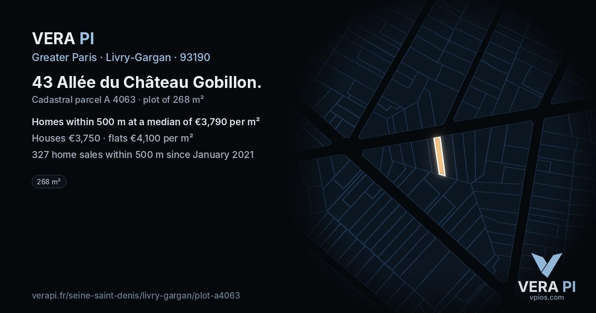 43 Allée du Château Gobillon, Livry-Gargan at night – the plot lit, the parcels around coloured by the prices near them