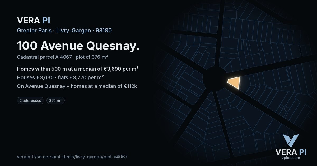 100 Avenue Quesnay, Livry-Gargan at night – the plot lit, the parcels around coloured by the prices near them
