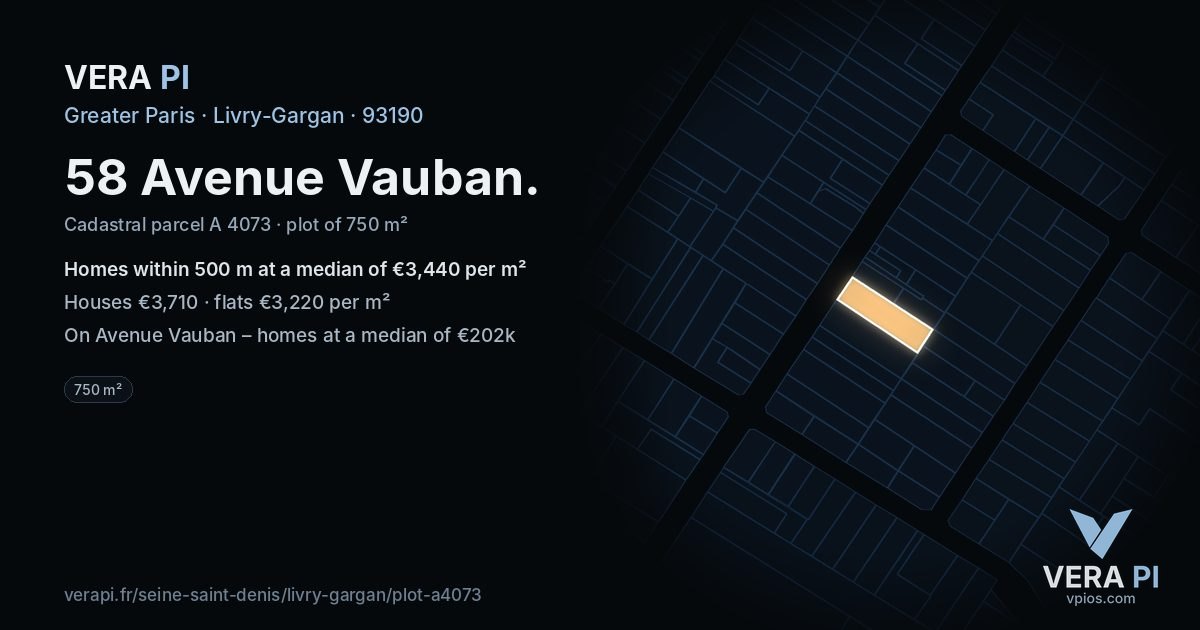 58 Avenue Vauban, Livry-Gargan at night – the plot lit, the parcels around coloured by the prices near them