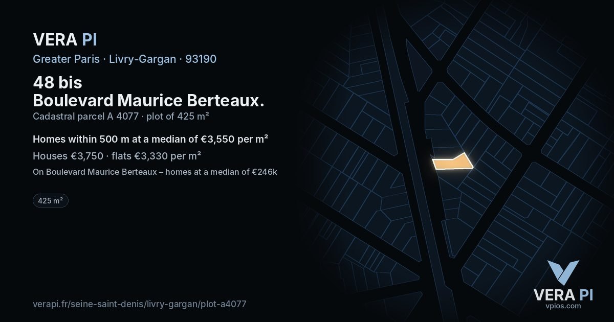 48 bis Boulevard Maurice Berteaux, Livry-Gargan at night – the plot lit, the parcels around coloured by the prices near them