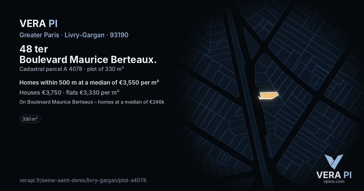 48 ter Boulevard Maurice Berteaux, Livry-Gargan at night – the plot lit, the parcels around coloured by the prices near them