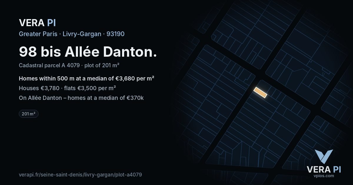 98 bis Allée Danton, Livry-Gargan at night – the plot lit, the parcels around coloured by the prices near them