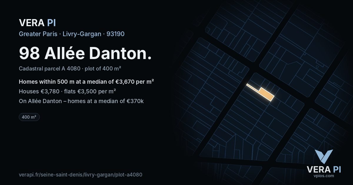 98 Allée Danton, Livry-Gargan at night – the plot lit, the parcels around coloured by the prices near them
