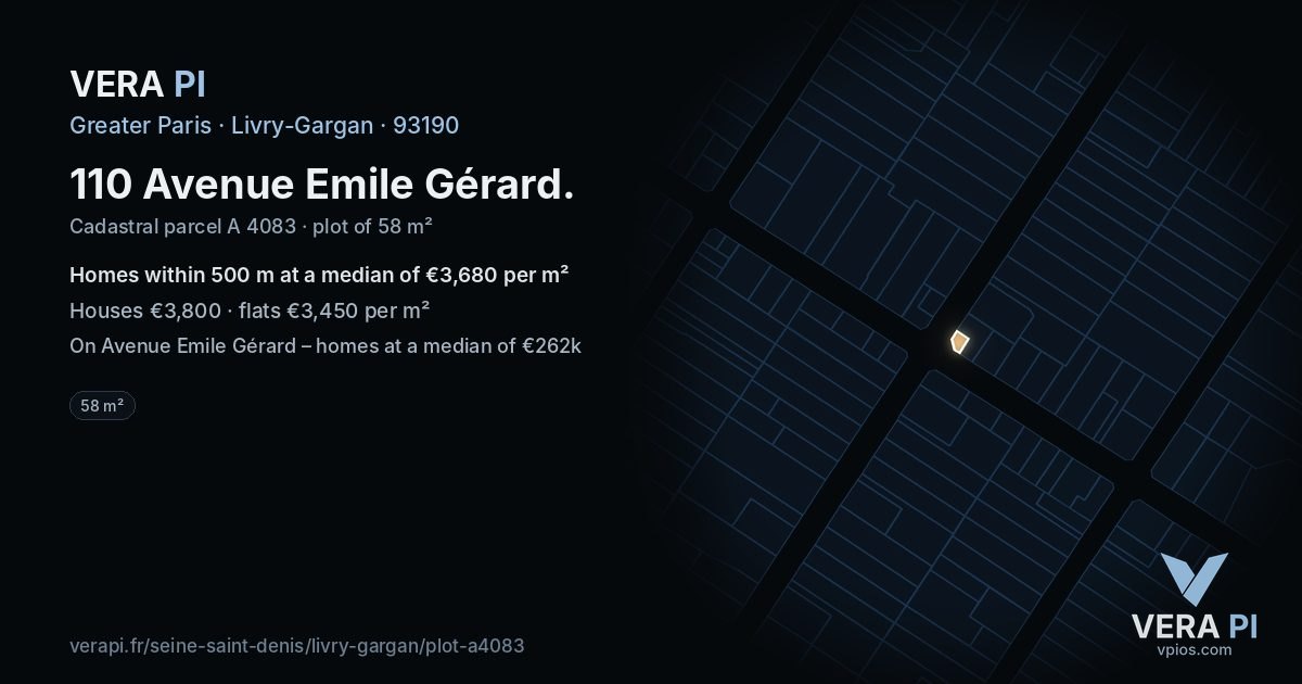 110 Avenue Emile Gérard, Livry-Gargan at night – the plot lit, the parcels around coloured by the prices near them