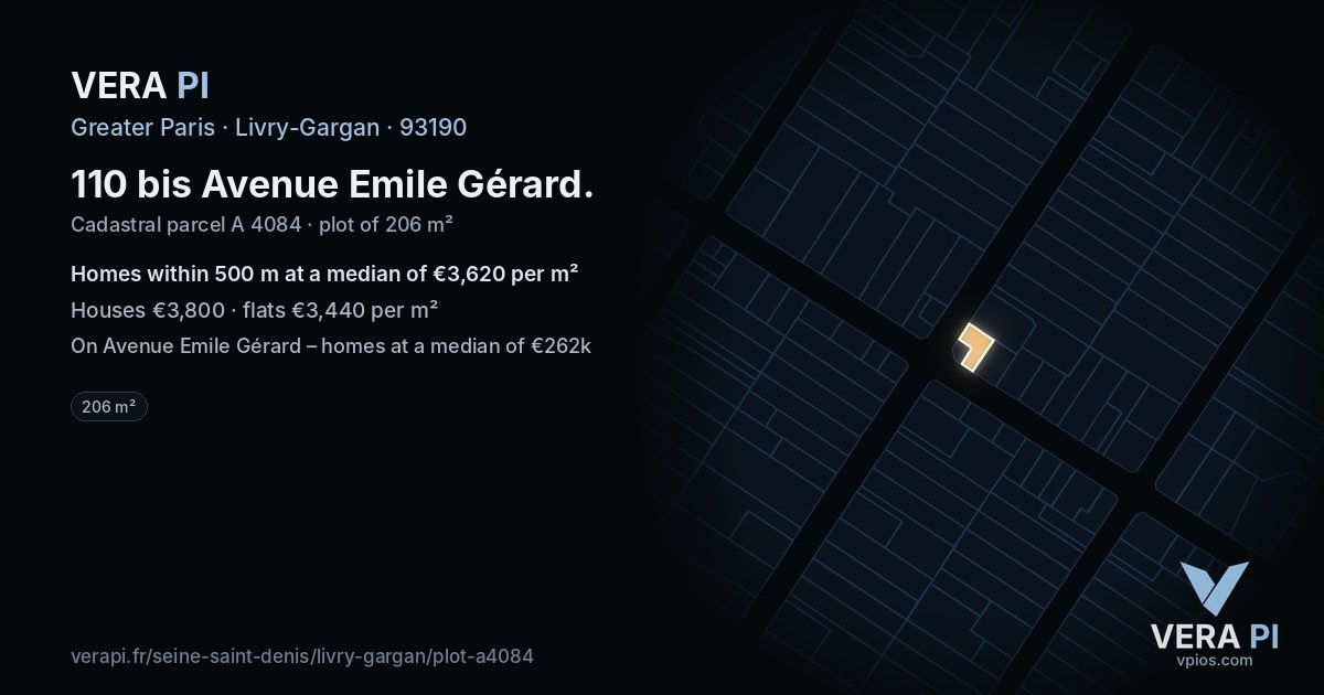 110 bis Avenue Emile Gérard, Livry-Gargan at night – the plot lit, the parcels around coloured by the prices near them
