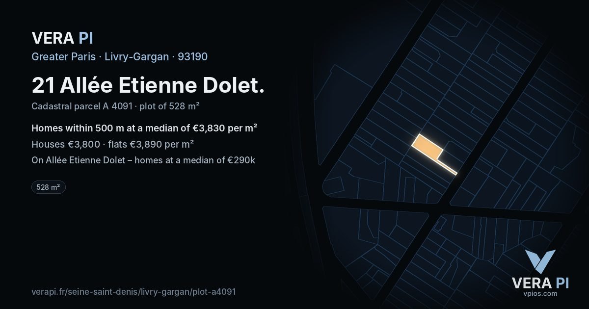 21 Allée Etienne Dolet, Livry-Gargan at night – the plot lit, the parcels around coloured by the prices near them
